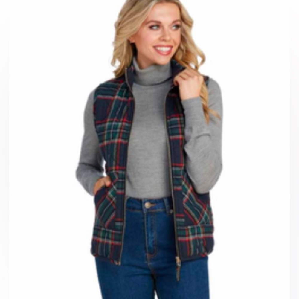 MudPie BRODIE QUILTED VEST IN NAVY TARTAN